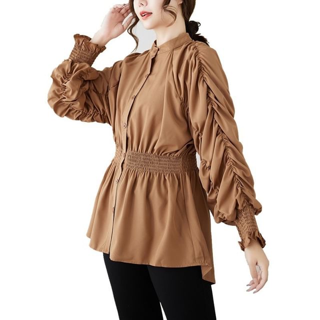 Ruché Stand-Collar Long-Sleeve Blouse