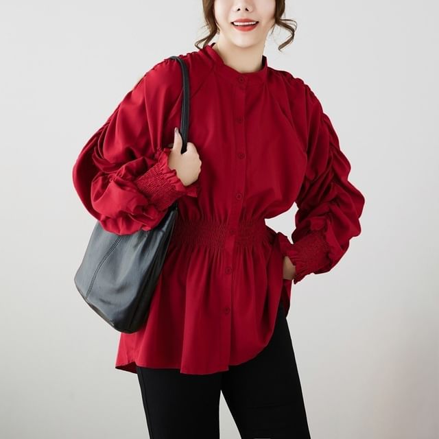 Ruché Stand-Collar Long-Sleeve Blouse