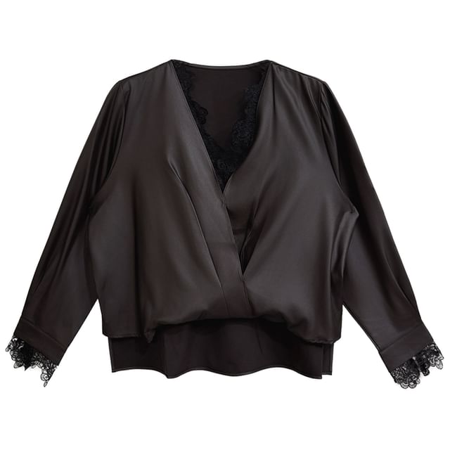 Long-Sleeve V-Neck Satin Plain Blouse