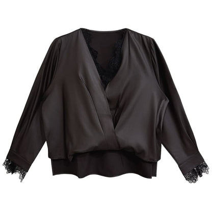 Long-Sleeve V-Neck Satin Plain Blouse