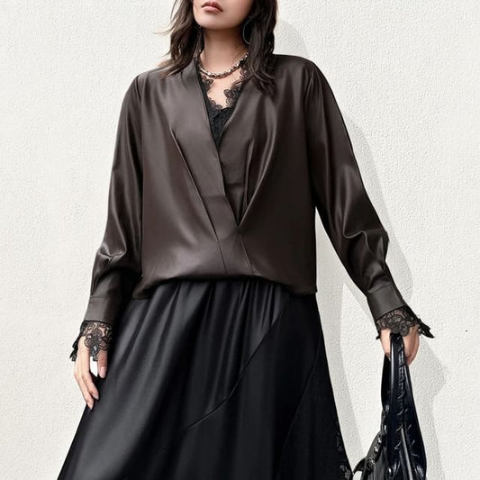 Long-Sleeve V-Neck Satin Plain Blouse