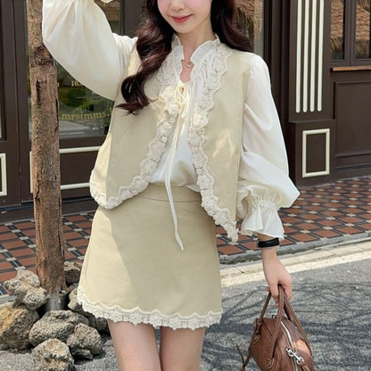 Long-Sleeve Ruffle Trim Blouse / Lace Trim Vest / Mid Rise Mini A-Line Skirt / Set