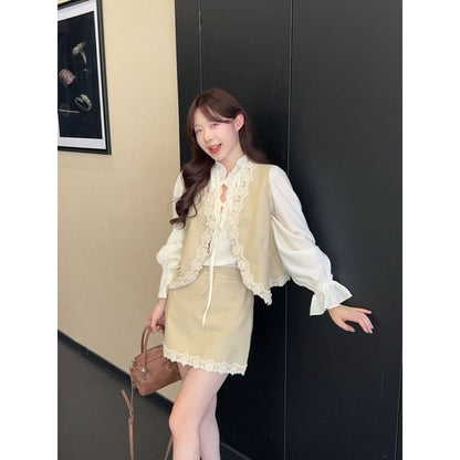 Long-Sleeve Ruffle Trim Blouse / Lace Trim Vest / Mid Rise Mini A-Line Skirt / Set