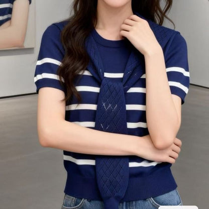 Striped Mock-Neck Short-Sleeve Knit