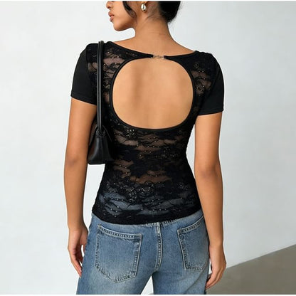 Short Sleeve Lace Panel See-Through Open-Back Slim-Fit Top