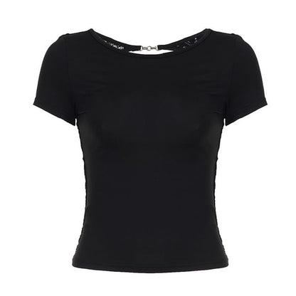 Short Sleeve Lace Panel See-Through Open-Back Slim-Fit Top