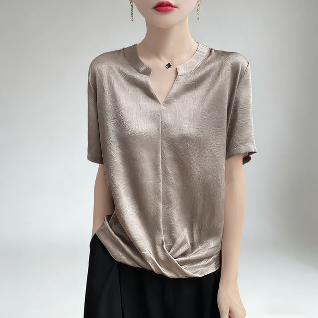 Notch Neck Textured Blouse with Short Sleeves