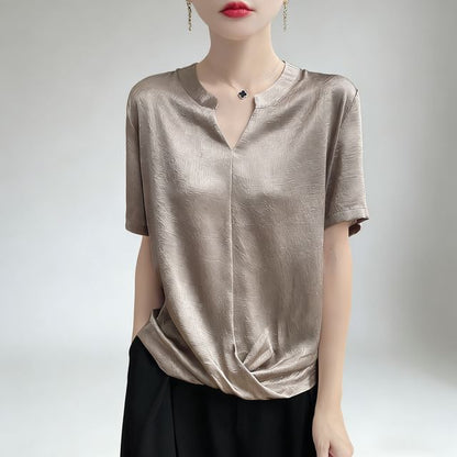 Notch Neck Textured Blouse with Short Sleeves