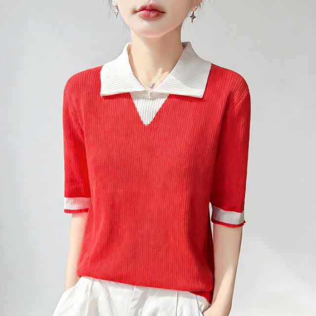 Two Tone Short-Sleeve Knit Polo