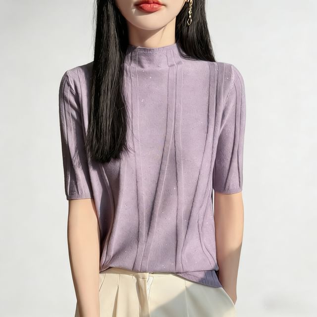Mock Neck Sequined Knit Top with Short Sleeves