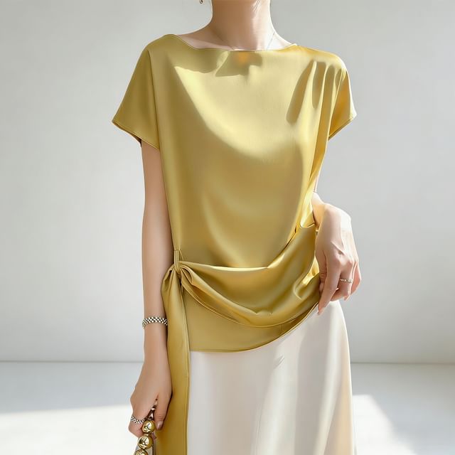 Boat Neck Tie Waist Short-Sleeve Top