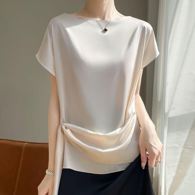 Boat Neck Tie Waist Short-Sleeve Top