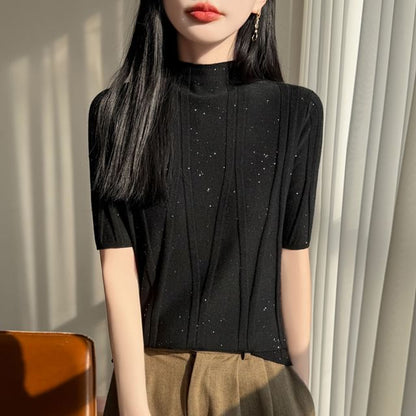 Mock Neck Sequined Knit Top with Short Sleeves