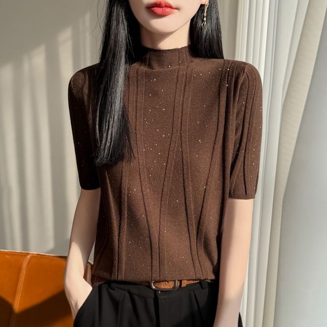 Mock Neck Sequined Knit Top with Short Sleeves