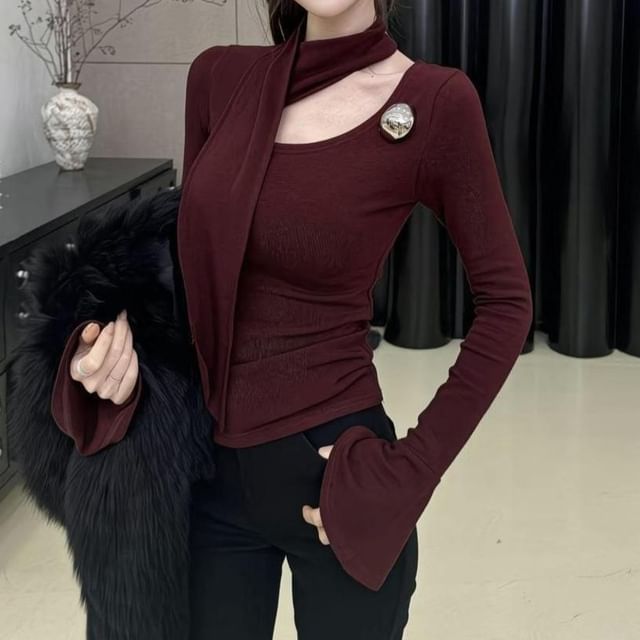 Asymmetric Neckline Long-Sleeve Top