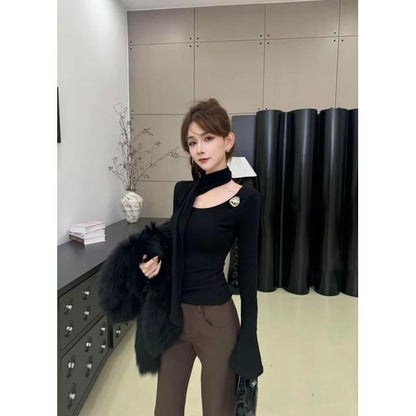 Asymmetric Neckline Long-Sleeve Top