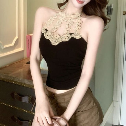 Halter Neck Lace Trim Plain Crop Top