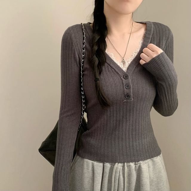Long Sleeve V-Neck Lace Trim Button Ribbed Knit Top