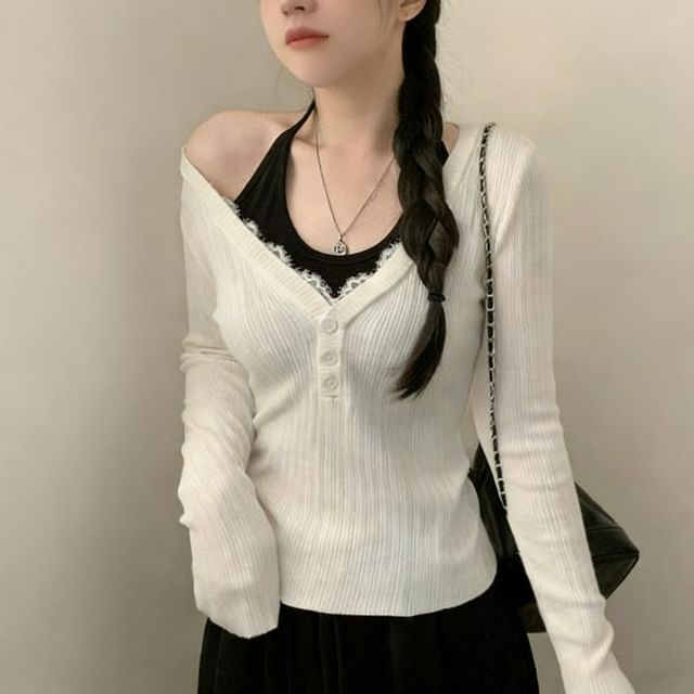 Long Sleeve V-Neck Lace Trim Button Ribbed Knit Top