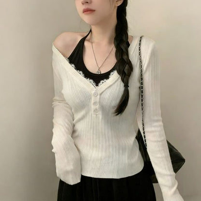 Long Sleeve V-Neck Lace Trim Button Ribbed Knit Top