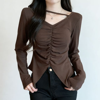 V-Neck Ruched Slit Long-Sleeve Tee