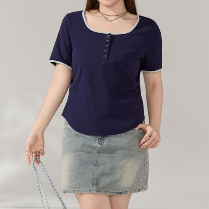 Square Neck Henley Contrast Trim Short-Sleeve Tee