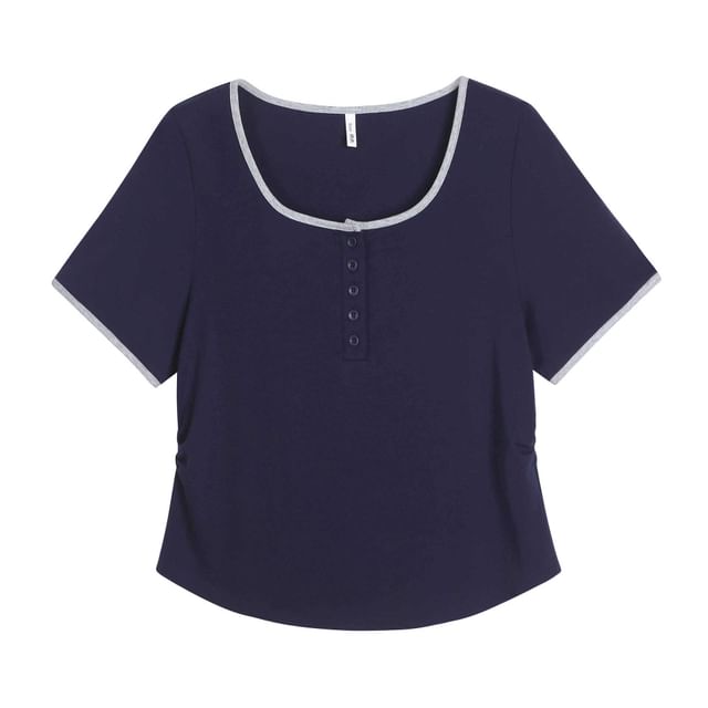 Square Neck Henley Contrast Trim Short-Sleeve Tee