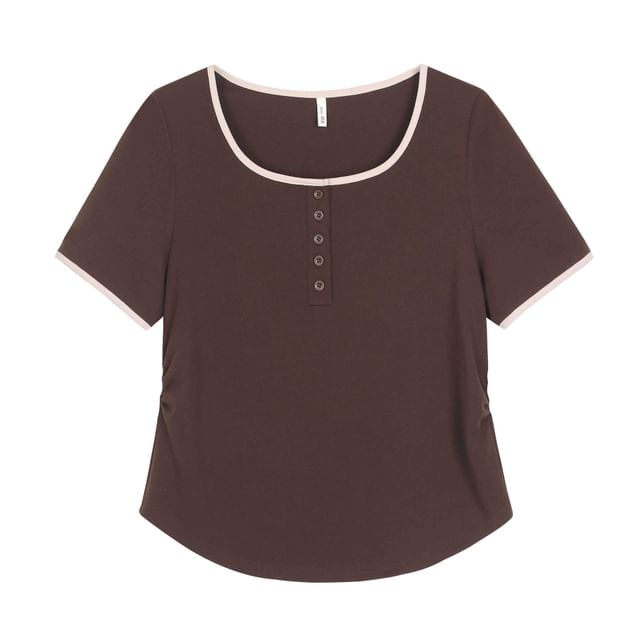 Square Neck Henley Contrast Trim Short-Sleeve Tee
