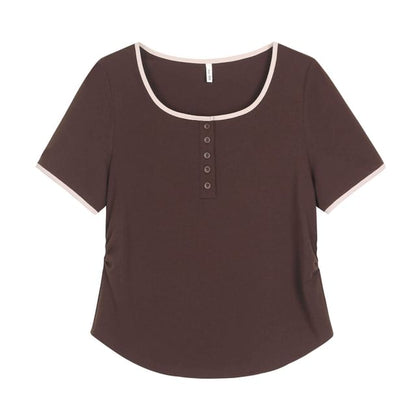 Square Neck Henley Contrast Trim Short-Sleeve Tee