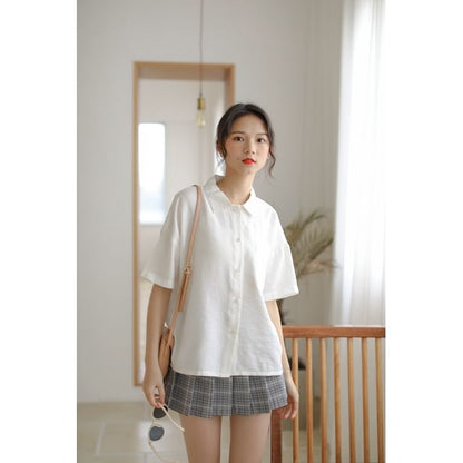Elbow-Length Collared Button Blouse
