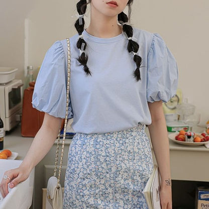 Puff-Sleeve Crew Neck Stylish Blouse