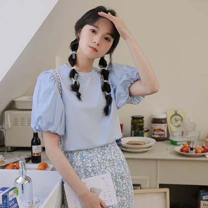 Puff-Sleeve Crew Neck Stylish Blouse