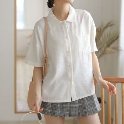 Elbow-Length Collared Button Blouse
