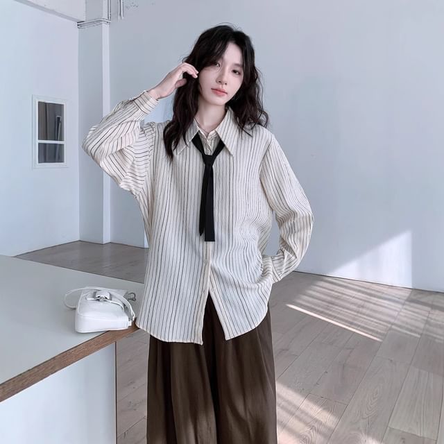 Striped Button-Up Shirt with Necktie Set