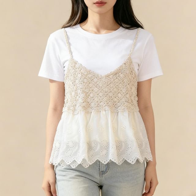 Crew Neck Tee & Spaghetti Strap Knit Camisole Set