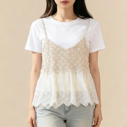 Crew Neck Tee & Spaghetti Strap Knit Camisole Set