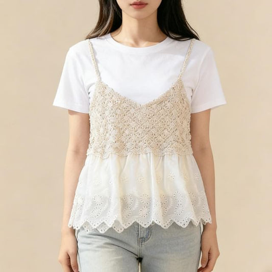 Crew Neck Tee & Spaghetti Strap Knit Camisole Set
