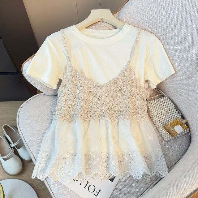 Crew Neck Tee & Spaghetti Strap Knit Camisole Set