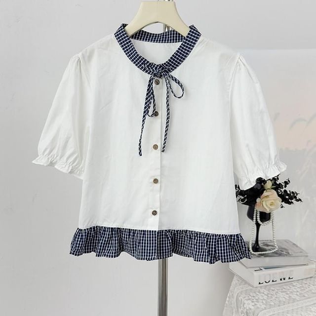 Band Collar Plaid Ruffle Trim Blouse
