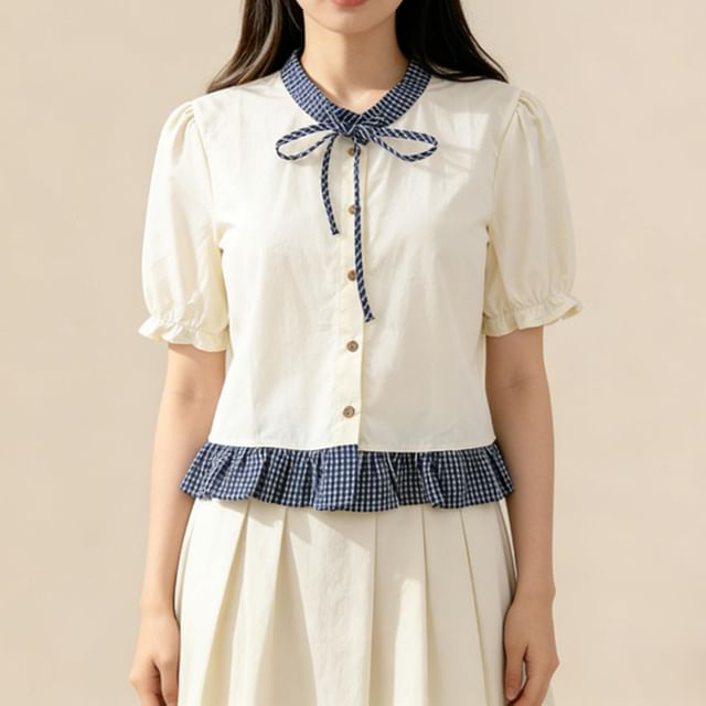 Band Collar Plaid Ruffle Trim Blouse