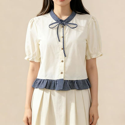 Band Collar Plaid Ruffle Trim Blouse