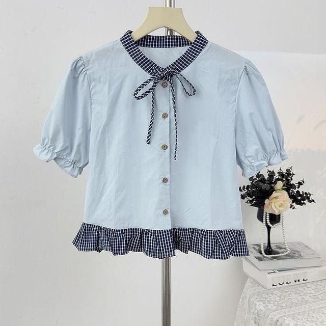 Band Collar Plaid Ruffle Trim Blouse