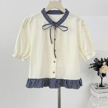 Band Collar Plaid Ruffle Trim Blouse