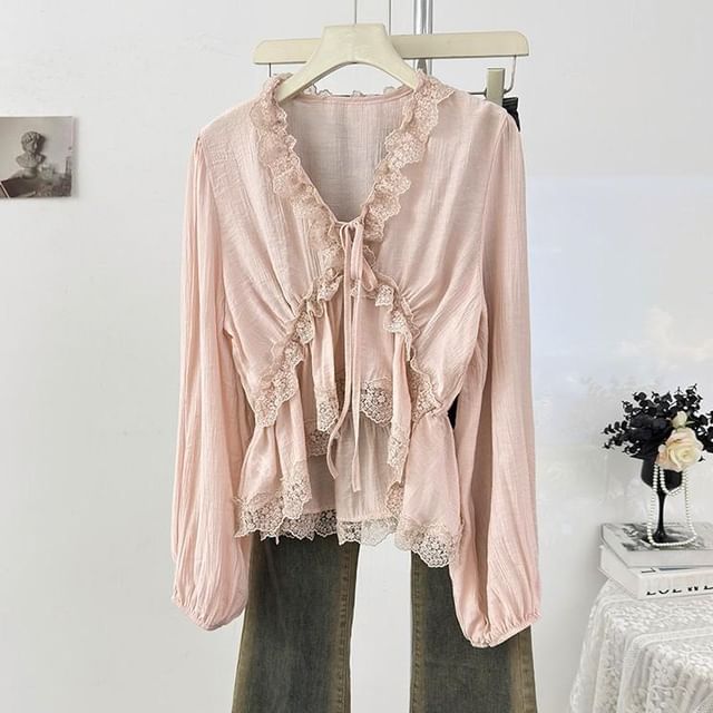 V-Neck Lace Ruffle Long-Sleeve Blouse