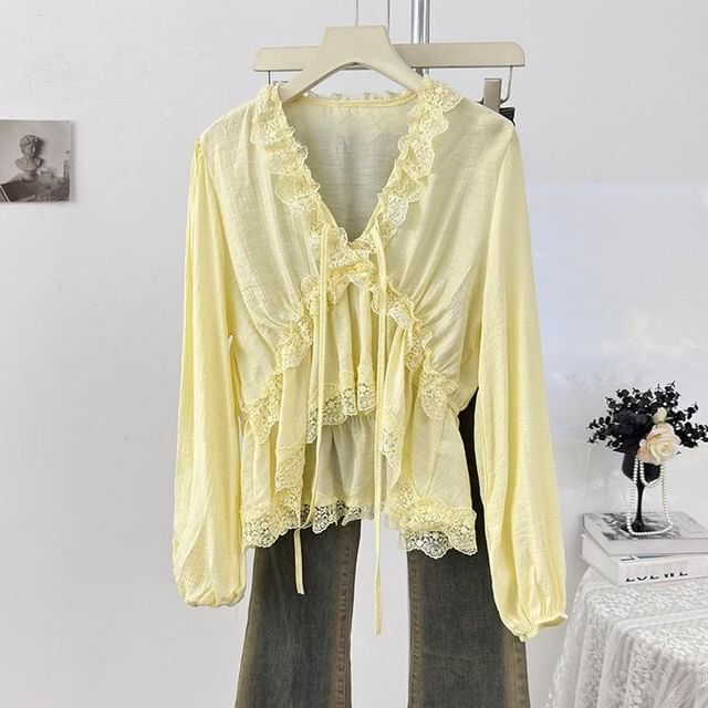 V-Neck Lace Ruffle Long-Sleeve Blouse