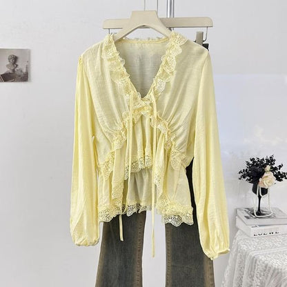 V-Neck Lace Ruffle Long-Sleeve Blouse
