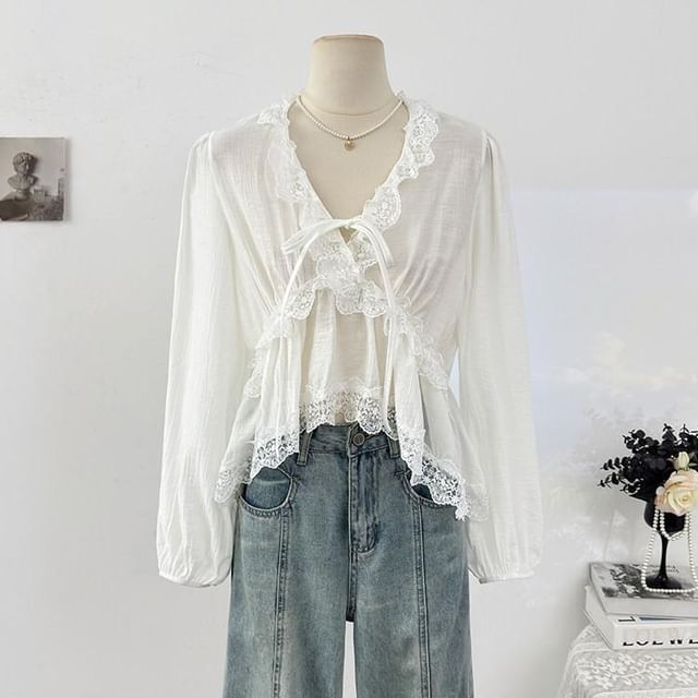 V-Neck Lace Ruffle Long-Sleeve Blouse