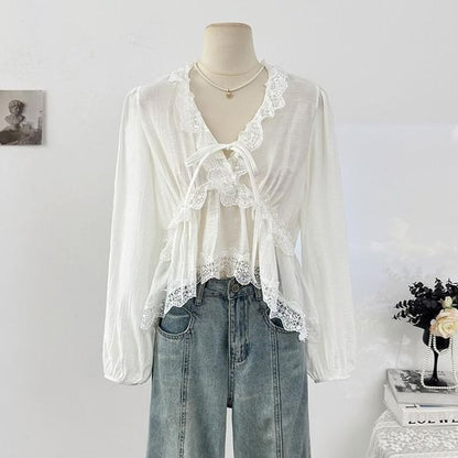V-Neck Lace Ruffle Long-Sleeve Blouse