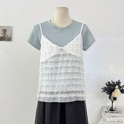 Ruffle-Trimmed V-Neck Camisole & Short-Sleeve Tee Set