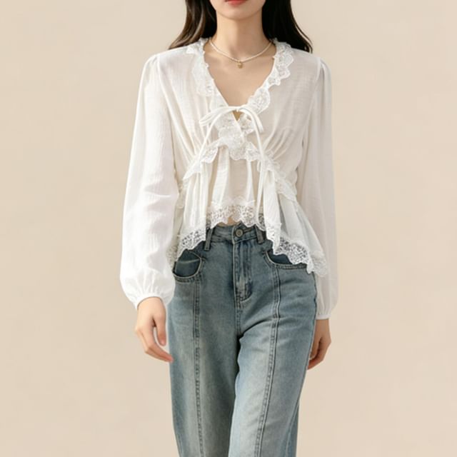 V-Neck Lace Ruffle Long-Sleeve Blouse